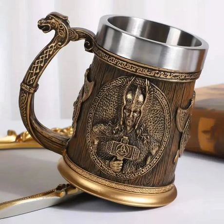 3D Viking Coffee Beer Mug Stainless Steel Warrior Stein Medieval Tree of Life Design