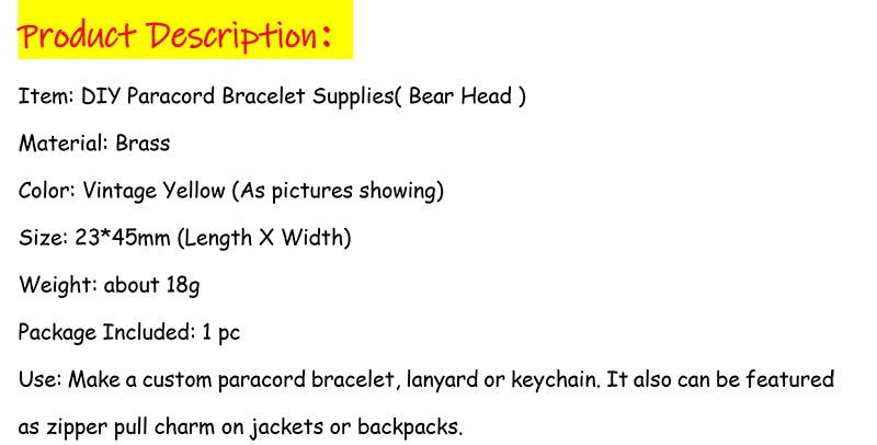 Brass Bear Head for Paracord Wristbands