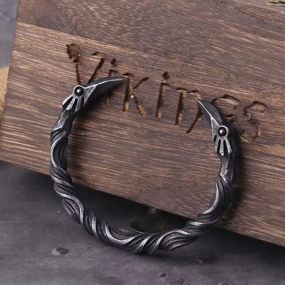 Stainless Steel Nordic Viking Norse Raven Cuff Bangle Mens Gift with Wooden Box