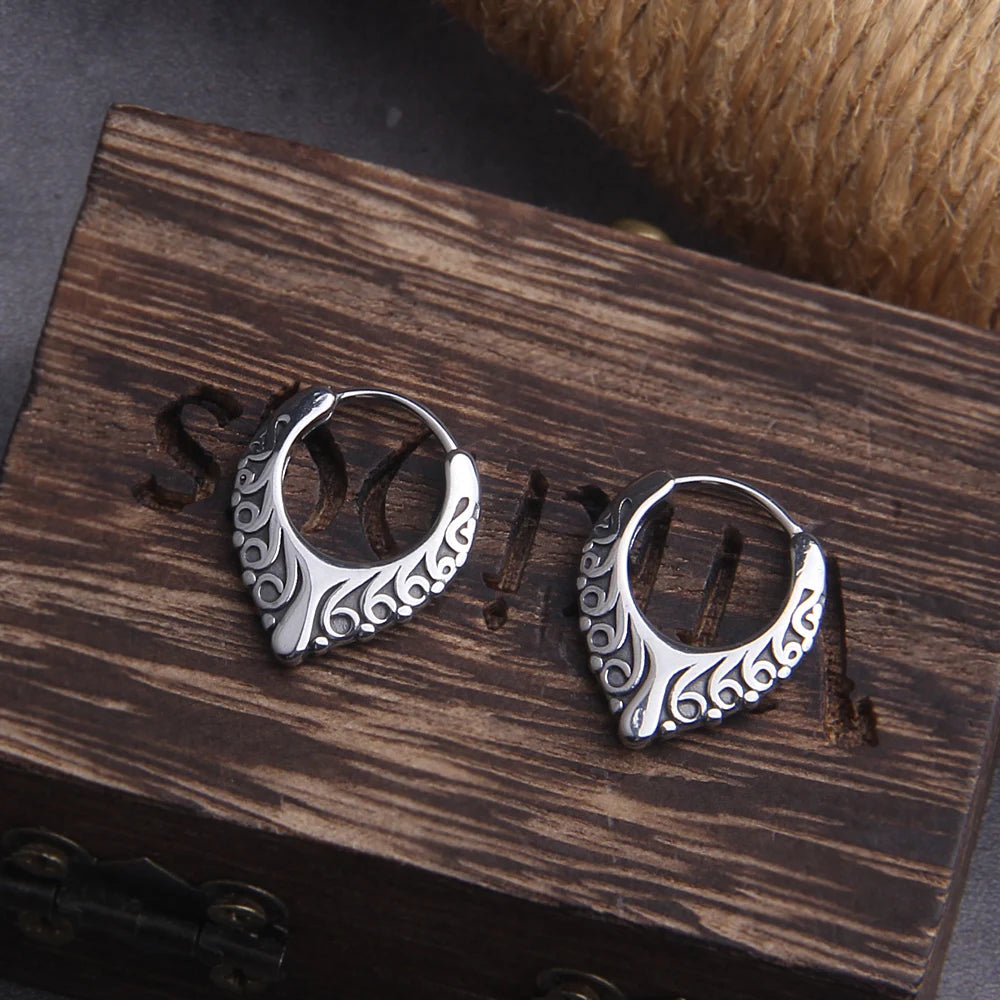 Viking V Tendrils Stainless Steel Huggie Hoop Earrings for Men with Wooden Box