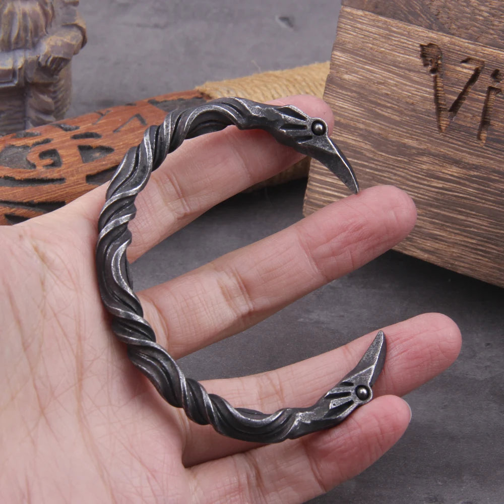 Stainless Steel Nordic Viking Norse Raven Cuff Bangle Mens Gift with Wooden Box
