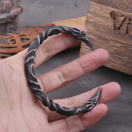 Stainless Steel Nordic Viking Norse Raven Cuff Bangle Mens Gift with Wooden Box