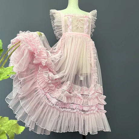 Sweet Lolita Aprons Sheer Mesh Ruffled Lace Over Layer