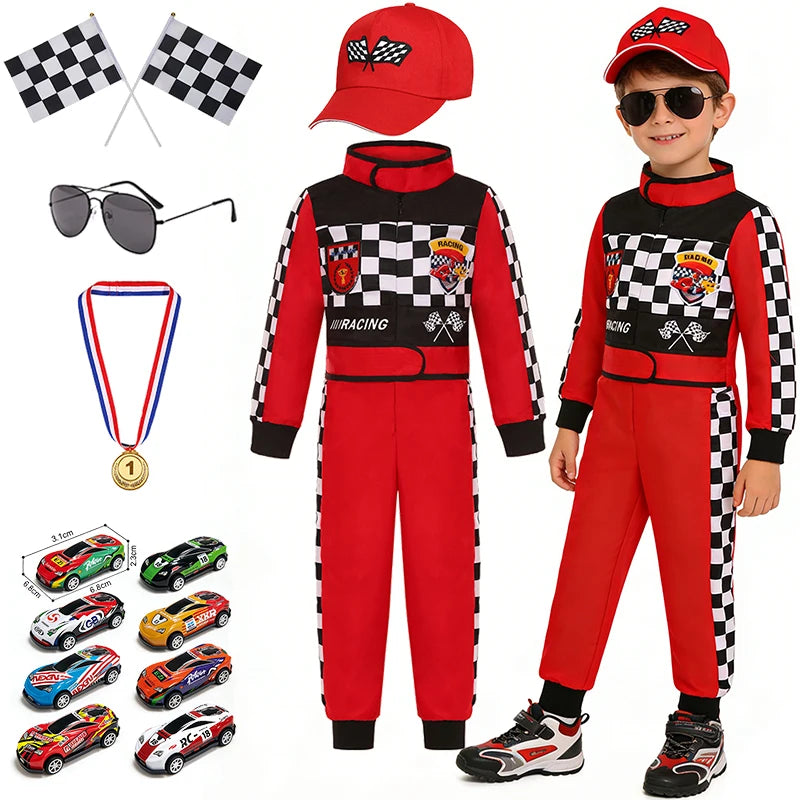Kids Racer Costume Set Halloween Cosplay Checkered Racing Jumpsuit Boys Book Week Costumes