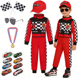 Kids Racer Costume Set Halloween Cosplay Checkered Racing Jumpsuit Boys Book Week Costumes