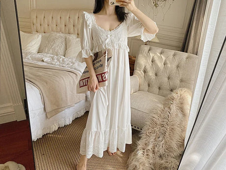 Summer Cotton Women's Sleepwear Antique French Style Lace Nightgown Nightdress