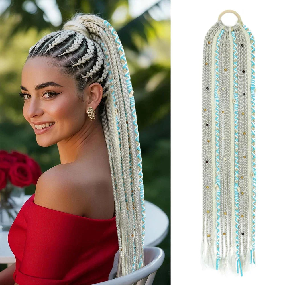 24" Beaded Boho Braided Ponytail Extension Viking Ties Dreadlock Synthetic Hairpiece