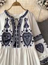 Georgia's Embroidered Boho Cotton Linen Long Sleeves Mini Dress