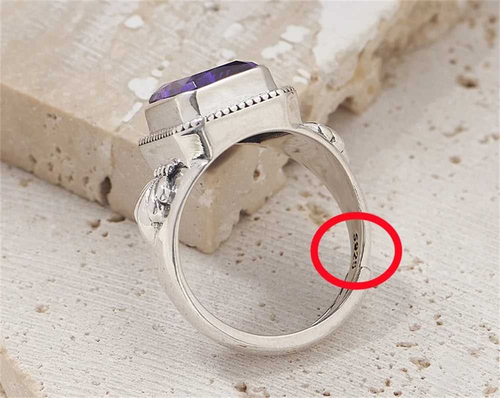 Maga's Portal Key S925 Sterling Silver Diamond Ring Square Natural Amethyst
