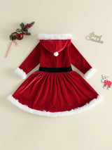 Girl Christmas Hood Dress 1-6Y Toddler Long Sleeves Cross Tie Winter Party Dress