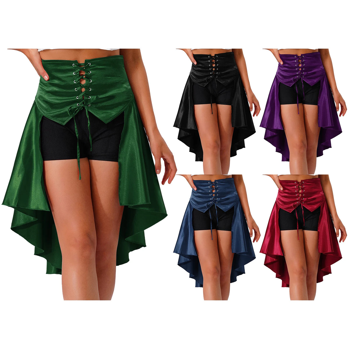 Gothic Steampunk Satiny Pirate Skirt Front Lace-up Tiered Irregular Hem Skirt Waist Belt Medieval Costume