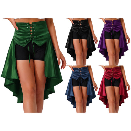 Gothic Steampunk Satiny Pirate Skirt Front Lace-up Tiered Irregular Hem Skirt Waist Belt Medieval Costume