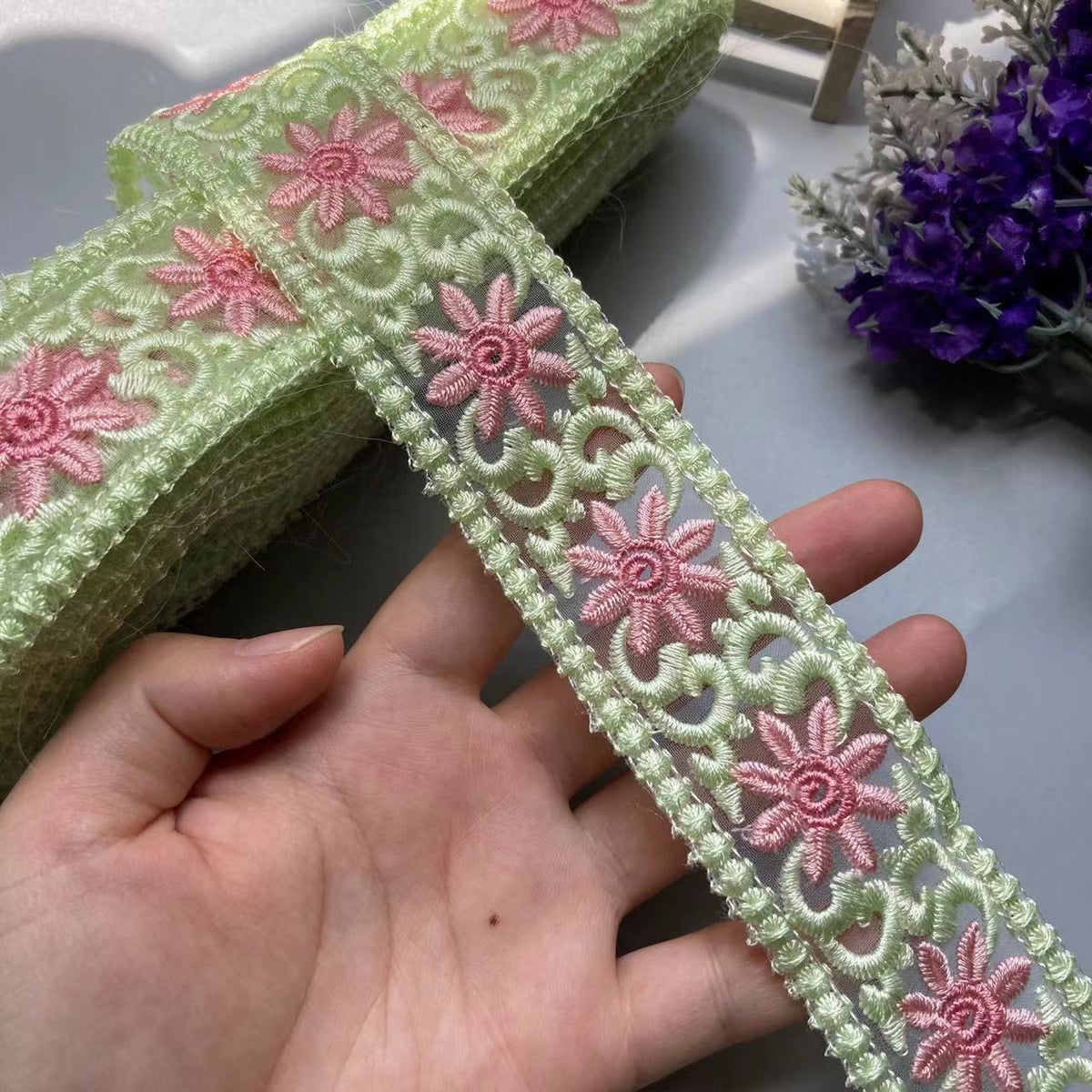 Pale Green & Pinks Embroidered Lace Ribbon DIY Crafts 1 Yard 5cm