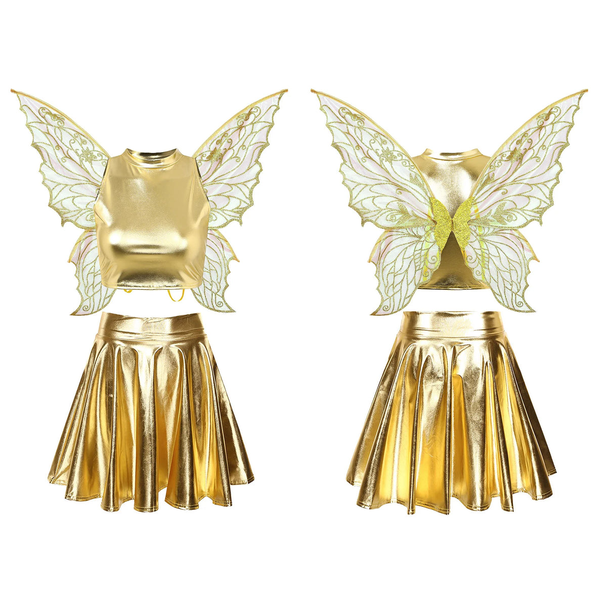 Festival Fairy Cosplay Costume Sleeveless Crop Top, High Waist Flared Skirt And Butterfly Wings Set