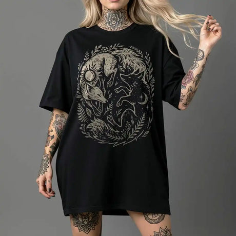 Fox Yin Yang Sun Moon T-shirt Mystical Animal Naturecore Tee Dark Academia
