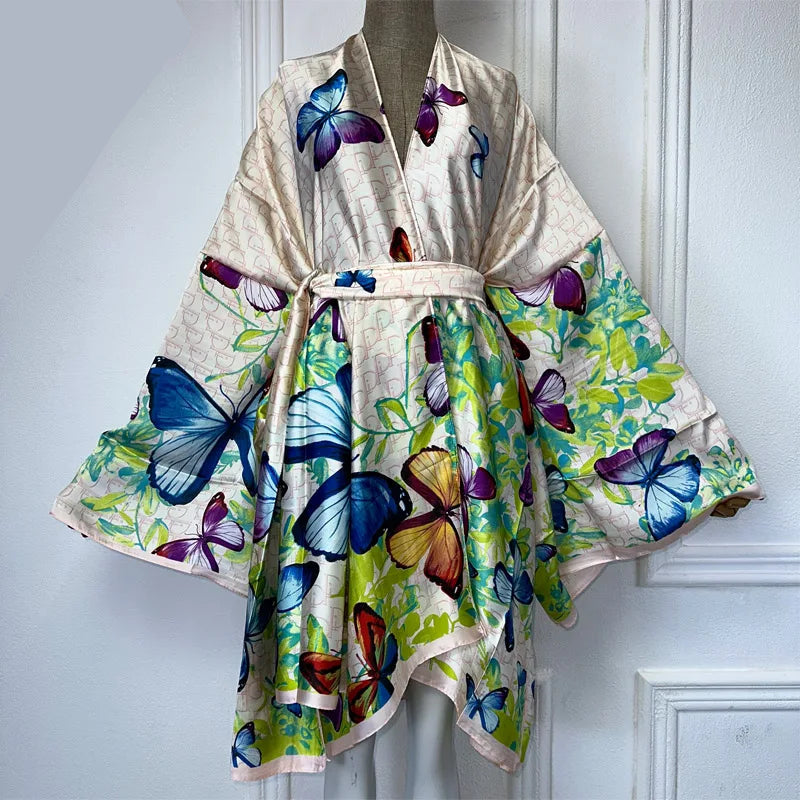 Butterflies Bohemian Belted Kimono Wrap Dress