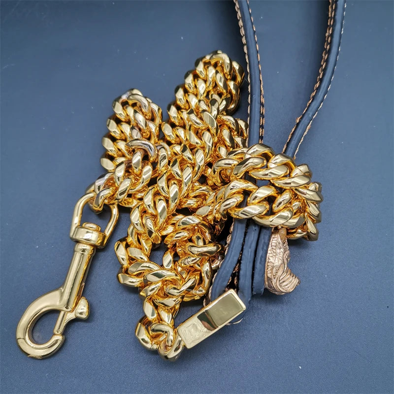 French Bulldog Dog Leash 14mm Cuban Chain Genuine Leather Stainless Steel Pet Accessories