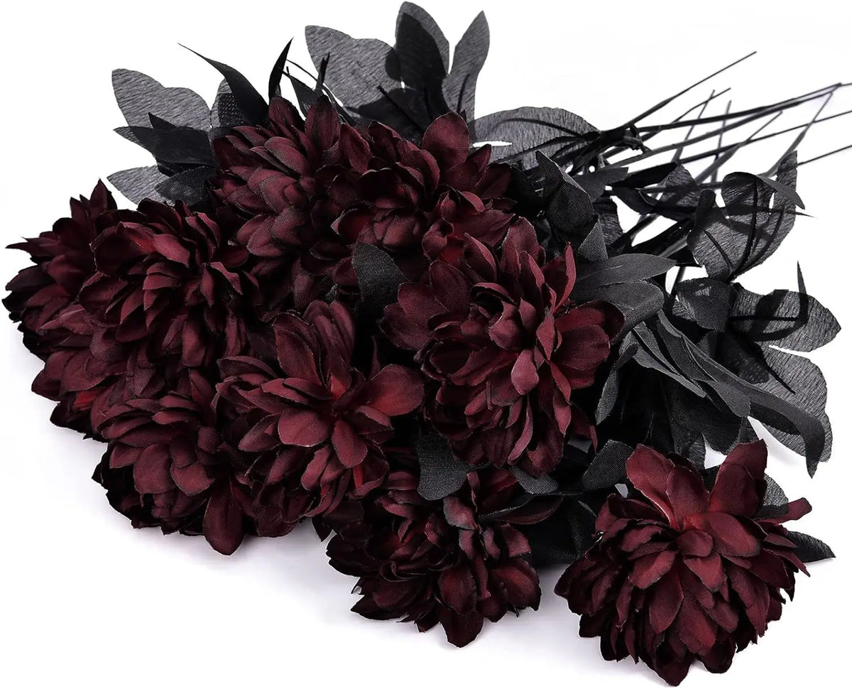 Black Dahlia Halloween Decoration Burgundy Artificial Flower Branch Arrangement Table Home Party Decor