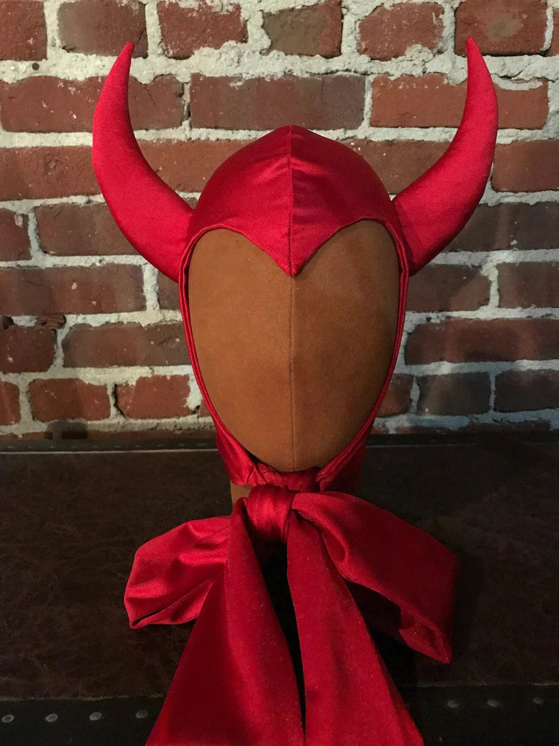 Vintage Horned Devil Red/Black Satin Bonnet Hood Headpiece Halloween Costume Party
