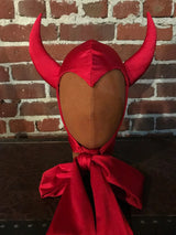 Vintage Horned Devil Red/Black Satin Bonnet Hood Headpiece Halloween Costume Party