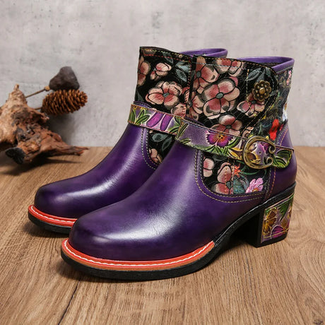 Violet's Floral Boots Genuine Leather Hand-painted Short Boots