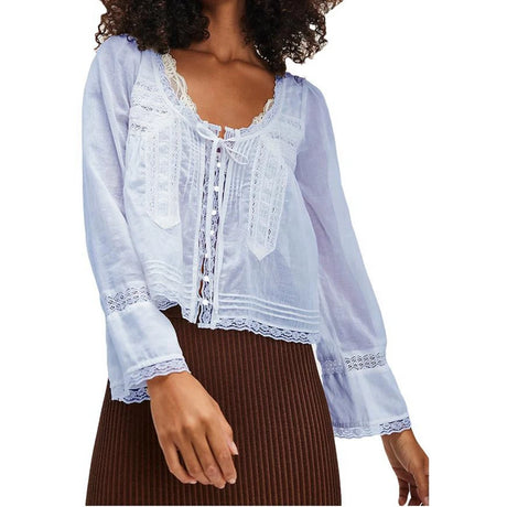 Y2K Boho Long Sleeve Lace Patchwork Button-down Tops 100% Cotton