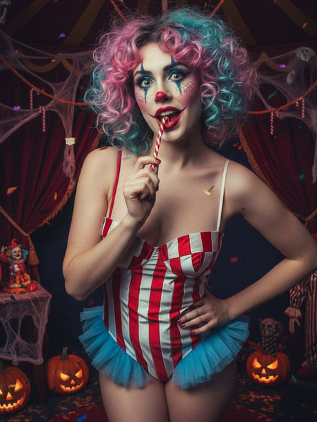Vintage Circus Carnival Bodysuit Clown Stripes Playsuit Halloween Cosplay Costume