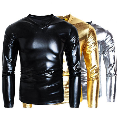 Men T-shirt Glossy Solid Long Sleeve Tops Nightclub Party Performance Wear