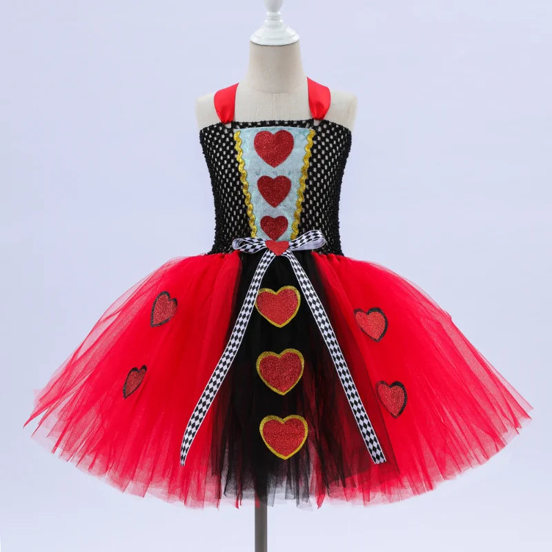 Girls Queen of Hearts Costume Kids Halloween Dress Up Tutu Dress with Crown Wonderland Red Queen