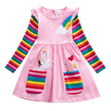 Girls' Long Sleeve Unicorn Dress Two Pockets Rainbow Sleeves