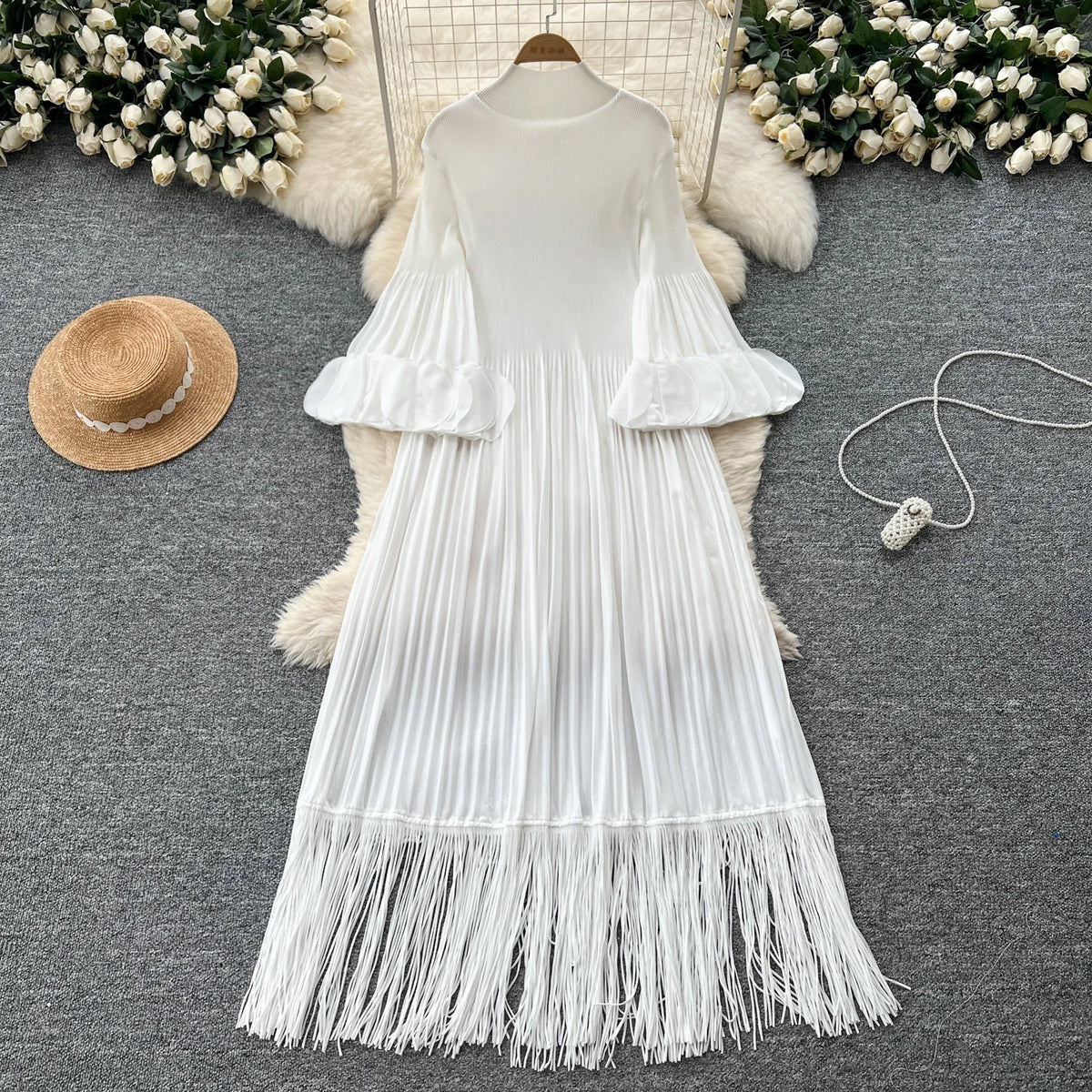 Petal Sleeves Pleated Tassel Dress Eight Colours