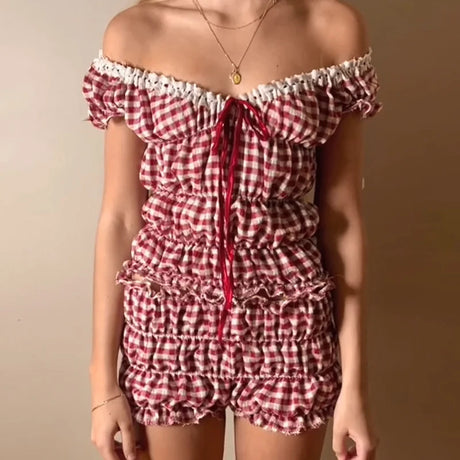 Cottagecore 2 Piece Set Lounging Wear Ruched Off Shoulder Crop Tops + Shorts Kawaii Pyjamas
