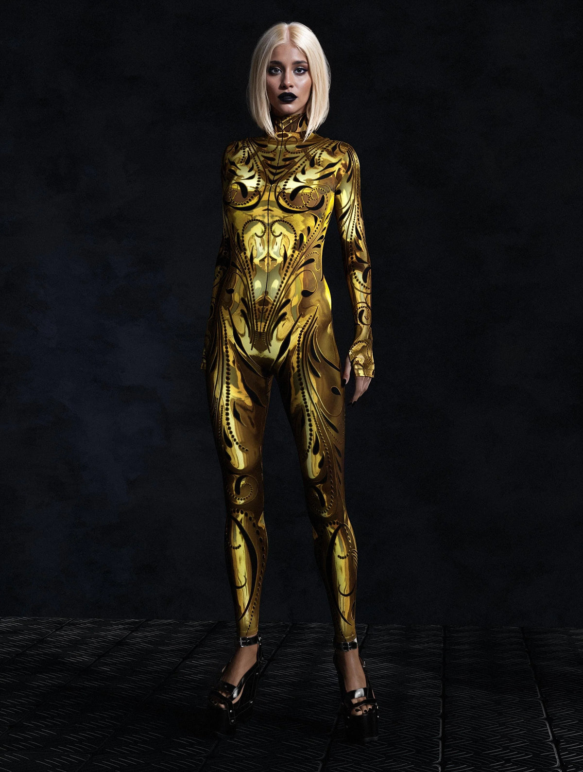 Nocturnal Enigma CyberPunk Armour Bodycon Jumpsuit Cosplay Costume Halloween Festival Fit Zentai Suit