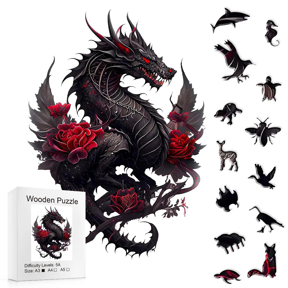Gothic Rose Flying Dragon Wooden Jigsaw Puzzle Irregular Shaped Pieces