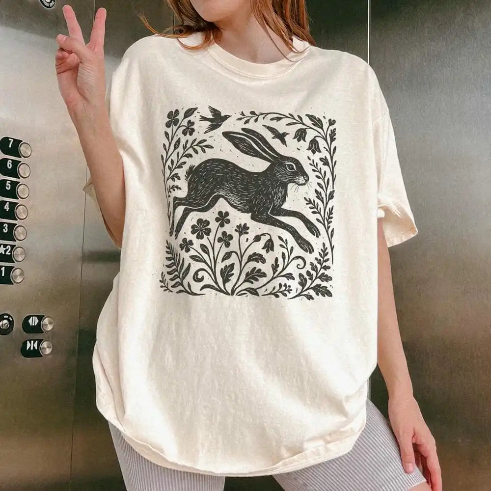 Wild Hare Linoprint T-Shirt Folk Art Forest Animal Naturecore Tee