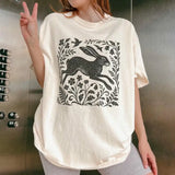 Wild Hare Linoprint T-Shirt Folk Art Forest Animal Naturecore Tee