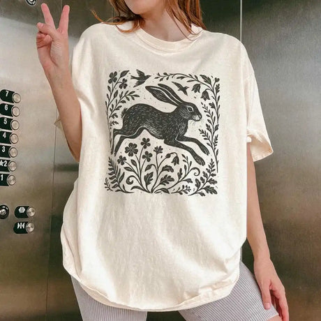Wild Hare Linoprint T-Shirt Folk Art Forest Animal Naturecore Tee