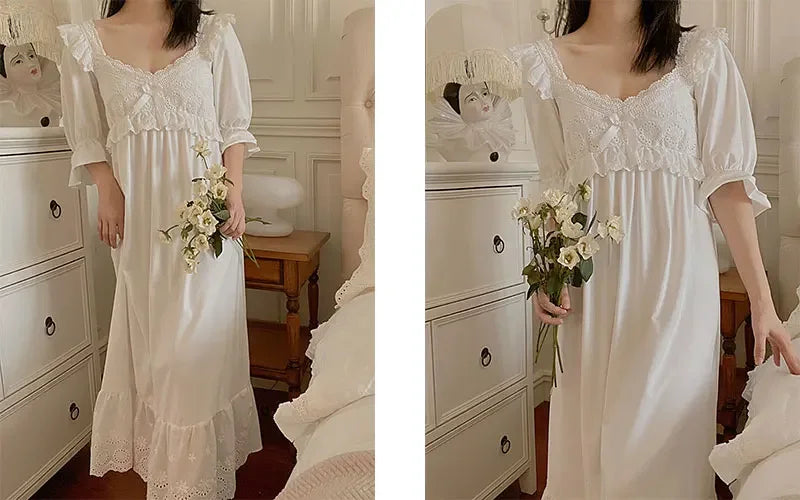 Summer Cotton Women's Sleepwear Antique French Style Lace Nightgown Nightdress