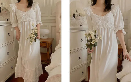 Summer Cotton Women's Sleepwear Antique French Style Lace Nightgown Nightdress