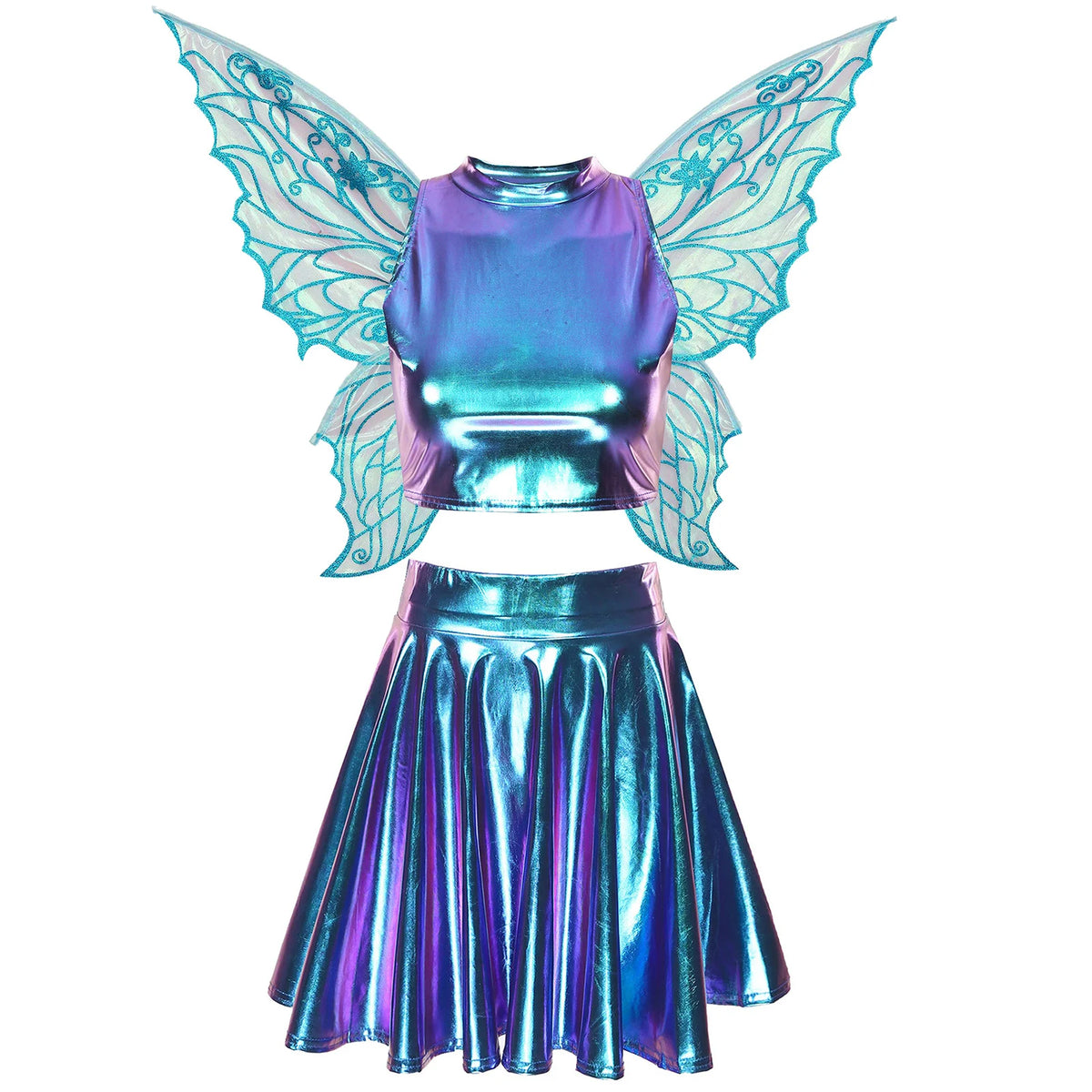 Festival Fairy Cosplay Costume Sleeveless Crop Top, High Waist Flared Skirt And Butterfly Wings Set