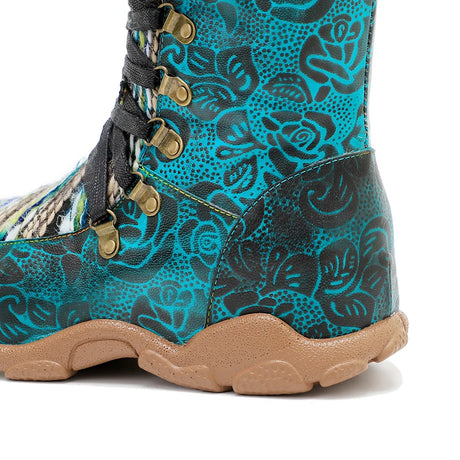 Maria's Genuine Leather Wool Spliced Lacing Comfortable Flat Boots Shoes