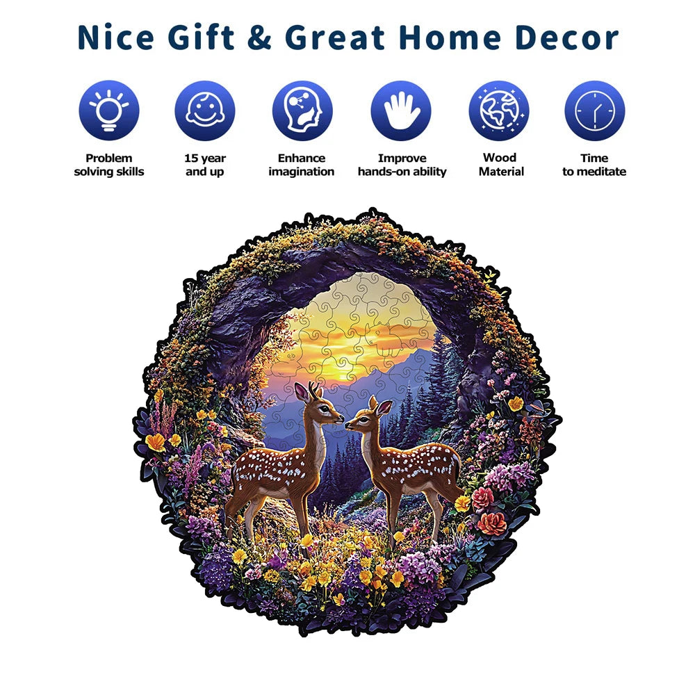 Spring Mountain Deer Unique Shape Wooden Jigsaw Puzzles