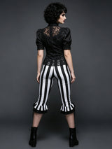Women’s Black White Striped Capri Pants Slim Fit Bell Bottom Leggings Performance Wear Halloween Costumes
