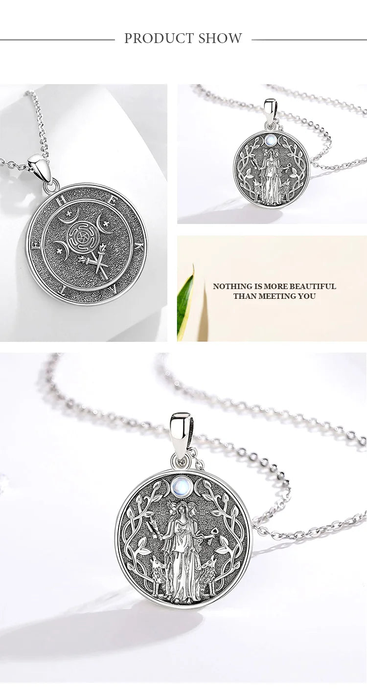 Moonstone Triple Moon Goddess Hecate Dog Amulet Pendant Necklace 925 Sterling Silver