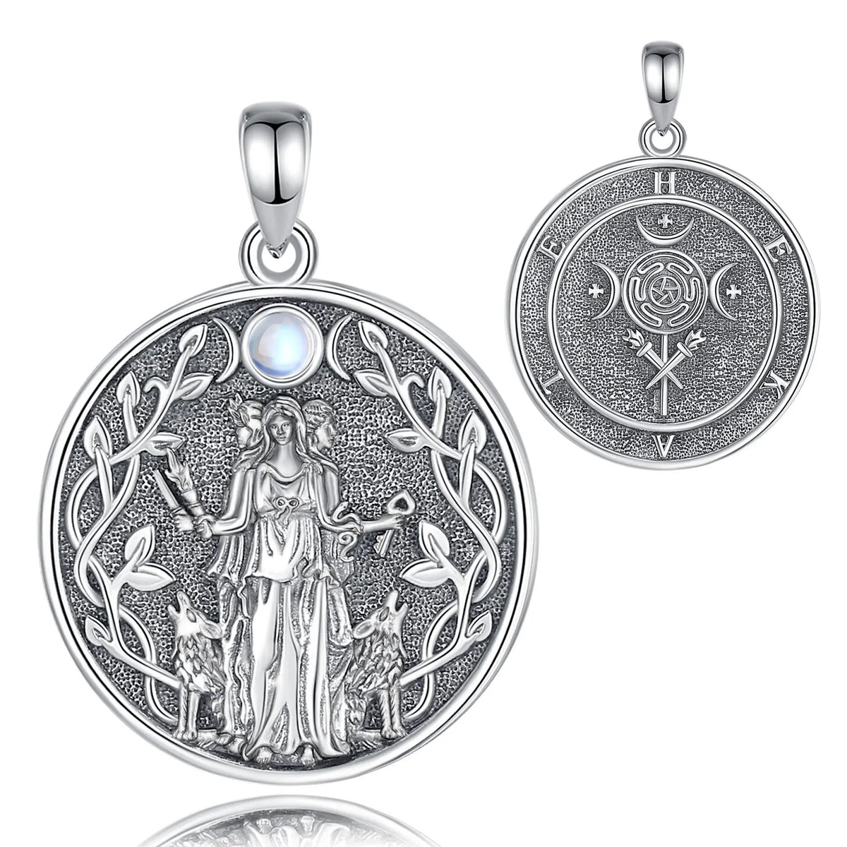Moonstone Triple Moon Goddess Hecate Dog Amulet Pendant Necklace 925 Sterling Silver