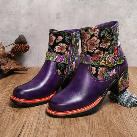 Violet's Floral Boots Genuine Leather Hand-painted Short Boots