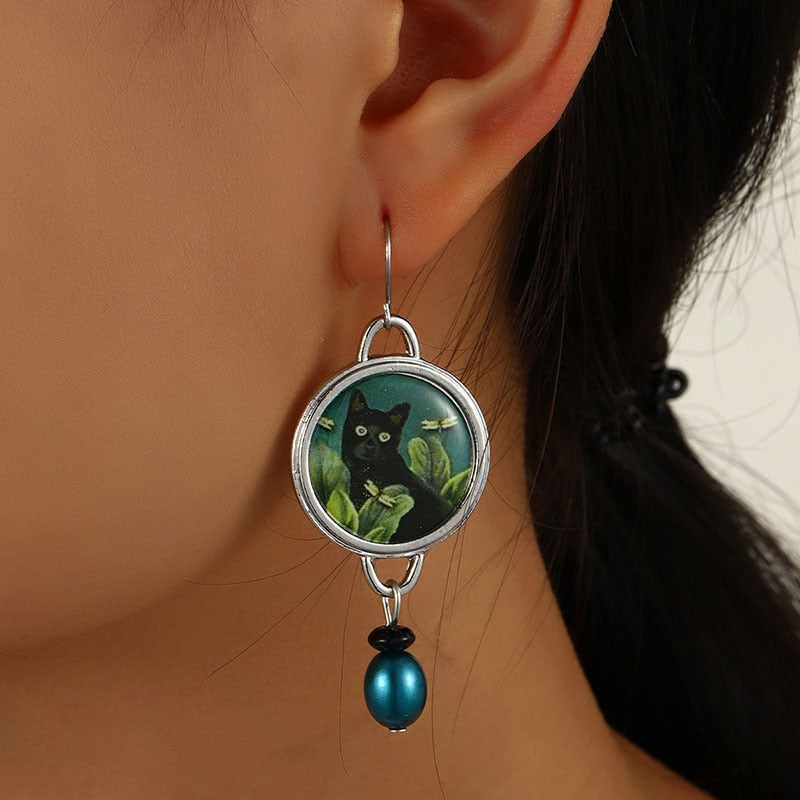 Black Cat & Dragonflies Earrings