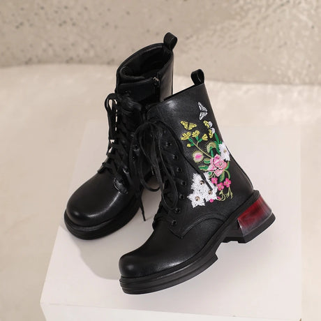 Wildflower Embroidery Lace Up Ankle Boots Black Platform Chunky Heels Large Sizes