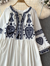 Georgia's Embroidered Boho Cotton Linen Long Sleeves Mini Dress