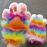 Rainbow Furry Cat Claw Gloves Plush Beast Paws Mittens Halloween Party Cosplay Costumes